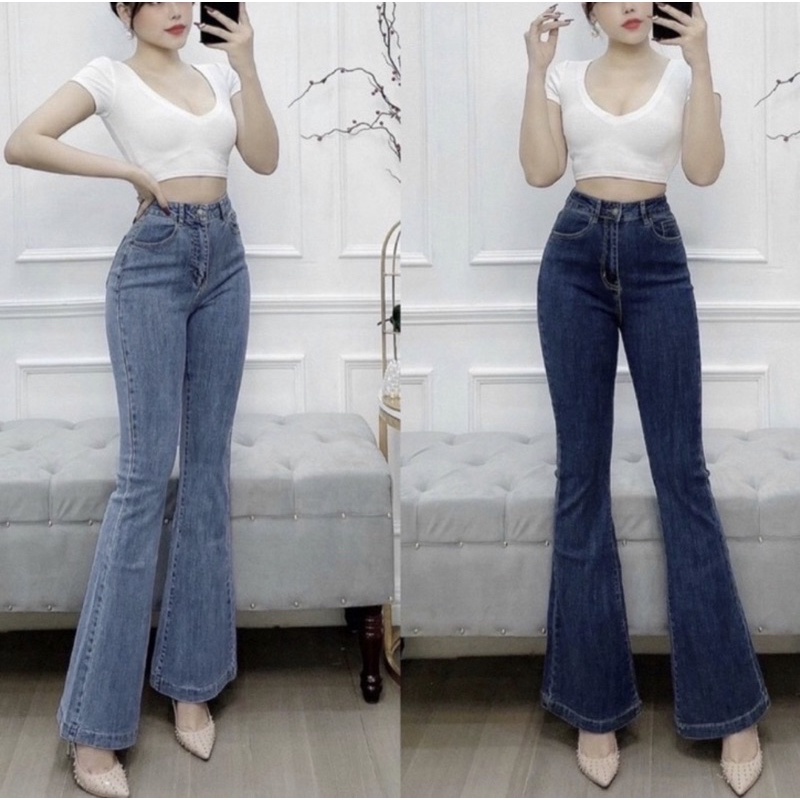 Quần jean ống loe lưng cao co giãn, Quần Jean Nữ Ống Bass Lai Lật Lớn