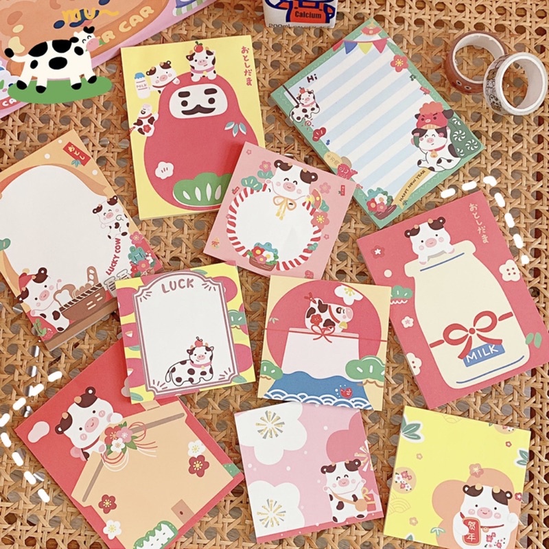 Giấy note cute  Bộ giấy note 50 tờ ghi chú hình bò sữa dễ thương tiện lợi trang trí sổ bullet journal Hàn Quốc