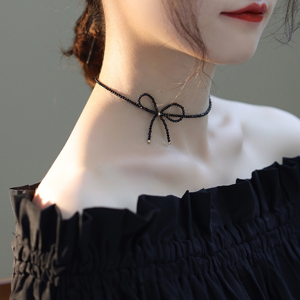 [Hàng Mới] Vòng Cổ Choker Mặt Nơ Đính Đá Đen Sắc Bén Phong Cách Retro