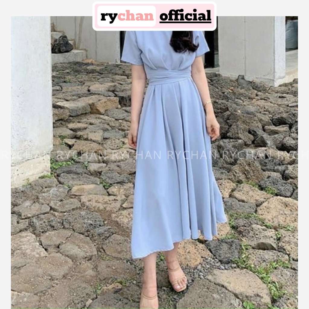 [ẢNH THẬT CUỐI] Đầm Nữ Đi Du Lịch Dáng Xòe Cổ Tròn Tay Ngắn Chéo Eo Đơn Giản Thoải Mái Màu Xanh Biển - DX9923