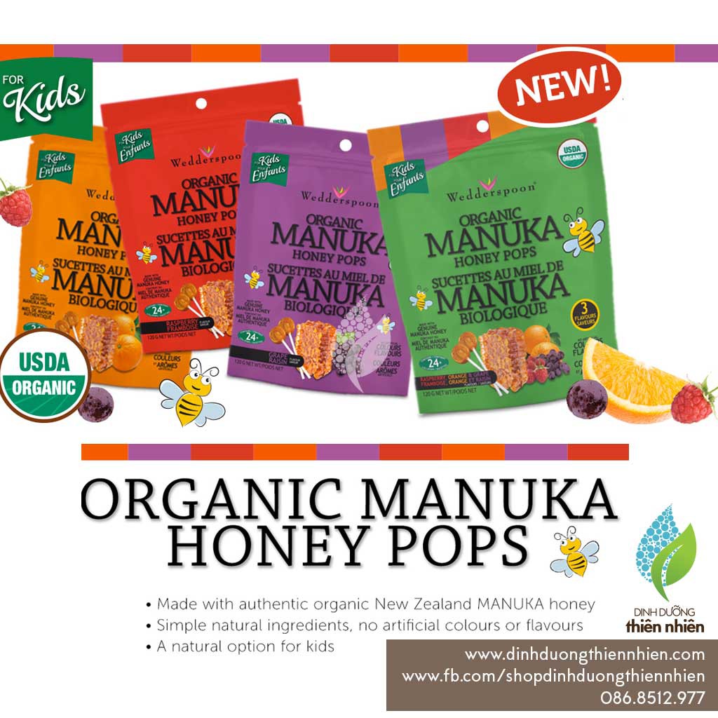 Kẹo Mút Hữu Cơ Từ Mật Ong Manuka Cho Trẻ Em, Wedderspoon Organic Manuka Honey Pops For Kids