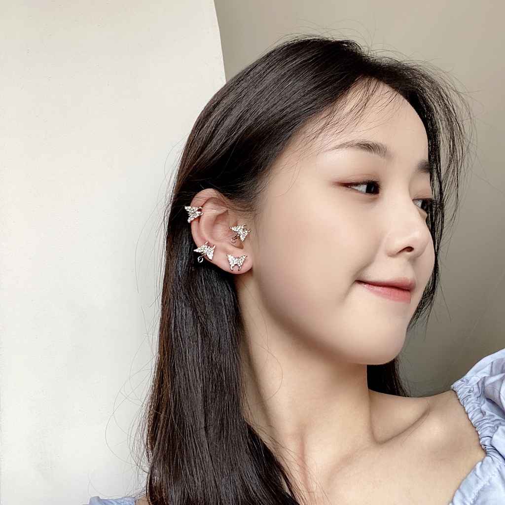 Bông tai mạ bạc 925 hình bướm đính kim cương toàn bộ không cần xỏ lỗ