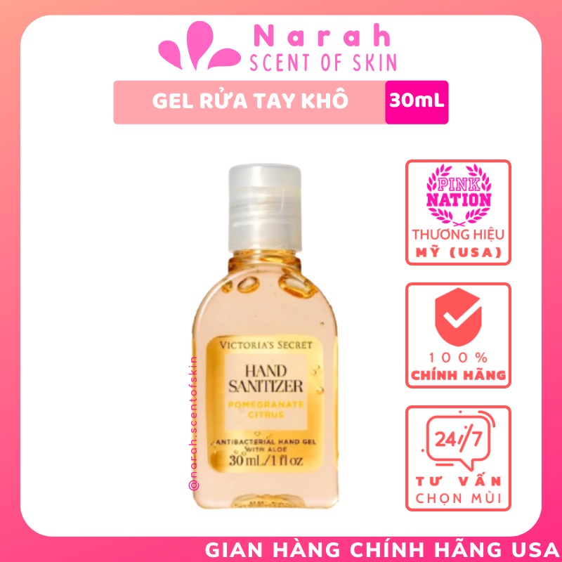 Nước rửa tay khô hương nước hoa Victoria & Pink mùi Pomegranate Citrus 30ml, kháng khuẩn, dưỡng da - Narah ScentOfSkin