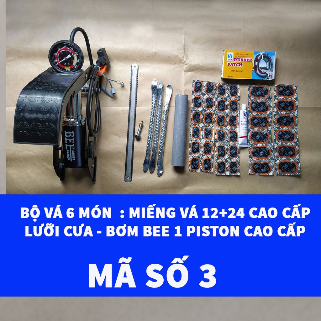 [Bơm Chân BEE Đen 1 Piston] Bộ Vá 6 Món Ruột Xe Máy Và Xe Đạp Bơm Đạp Chân 1 Piston Cao Cấp + Lưỡi Cưa