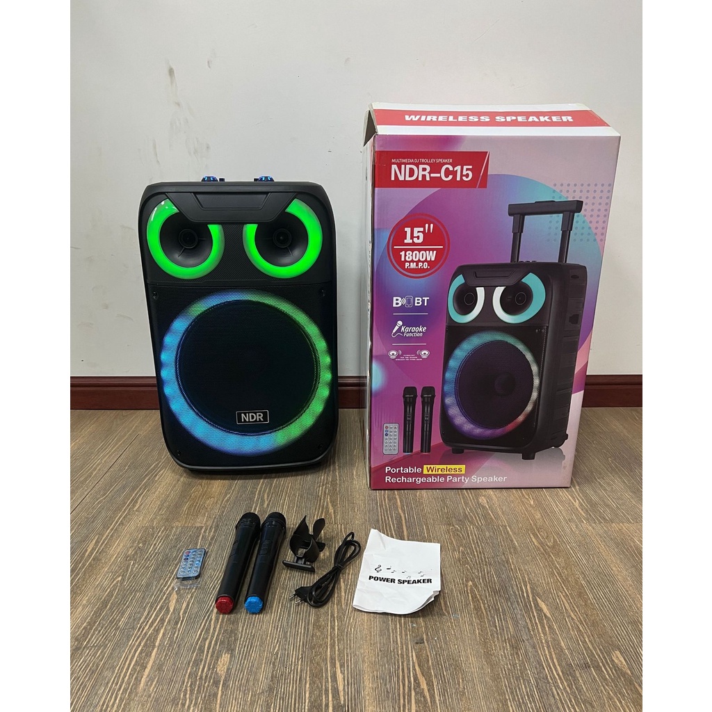 Loa kéo bass 40 party bluetooth karaoke NRD C15 công suất lớn BASS 40 300w tặng 2 mic không dây 10 chế độ đèn led