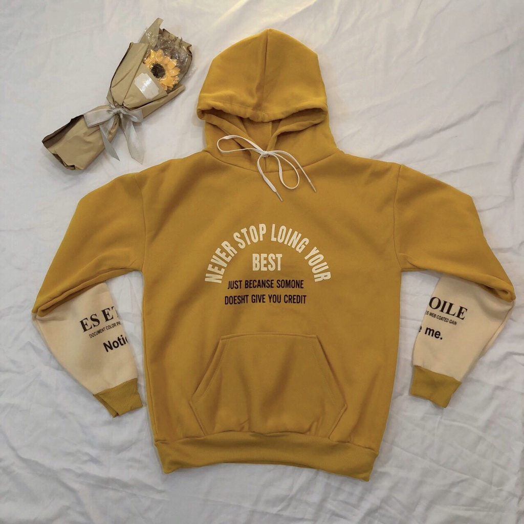 Áo hoodie nỉ cotton quảng châu cao cấp, Áo nỉ vati  in chữ NEVER STOP dáng rộng