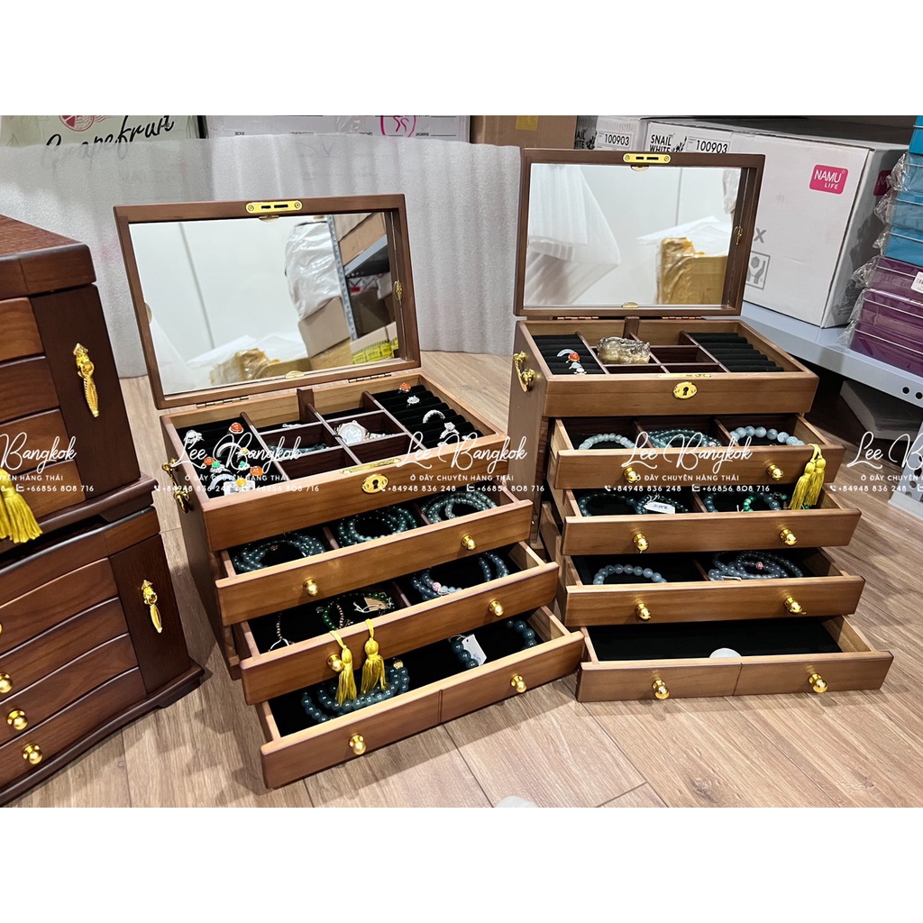 Rương Đựng Nữ Trang Cao Cấp (4 Tầng), Chất Liệu Gỗ Sồi Phủ Nhung Mặt Trong Cao Cấp, Sang Trọng - Wincy Mart