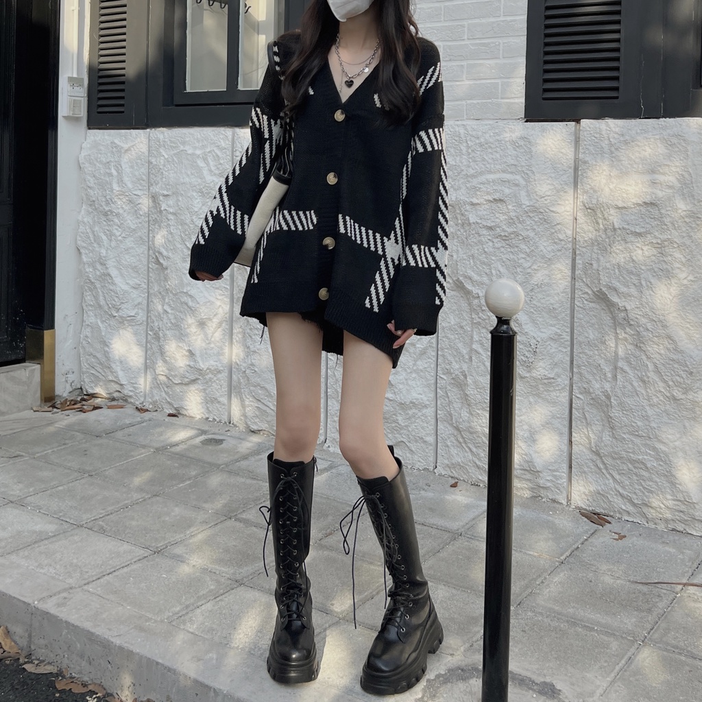 Áo cardigan len nữ dệt kim kẻ sọc basic phong cách Hàn Quốc khoác ngoài mới nhất thu đông 2022 màu đen kaki kozoda AC48