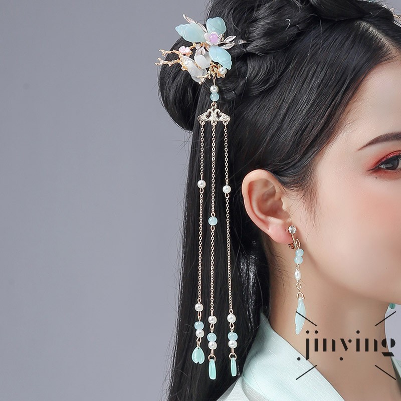 GETNOIVAS Bộ trang sức giả ngọc bích phối núm tua phong cách Hanfu Trung Hoa cho nữ