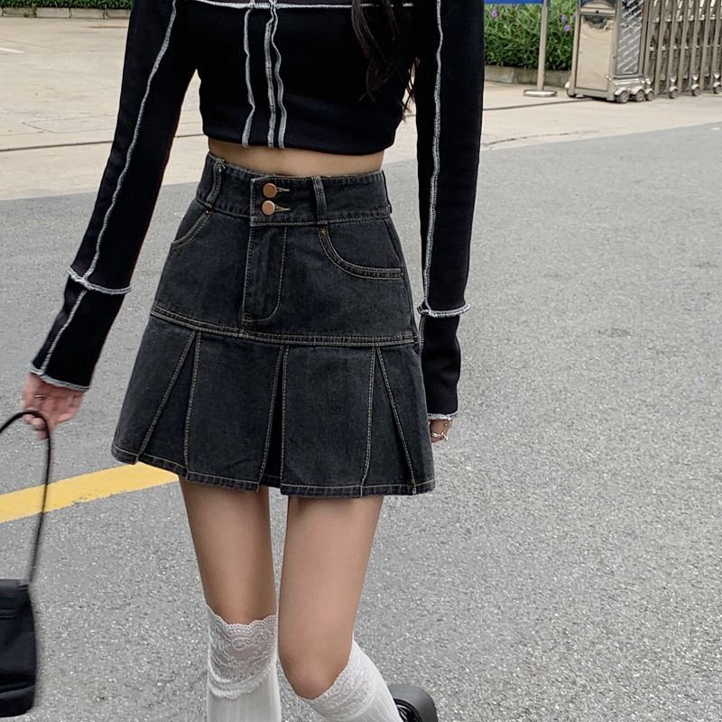 Chân Váy Jean Chữ A Lưng Cao Thời Trang Hàn Quốc Cho Nữ
