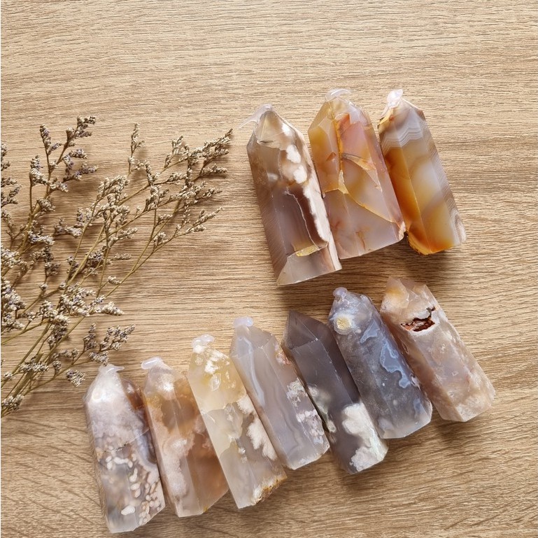 Trụ đá thanh tẩy mã não hoa anh đào (Blossom Agate), dùng trong Tarot, Reiki, thiền định, trụ phong thủy