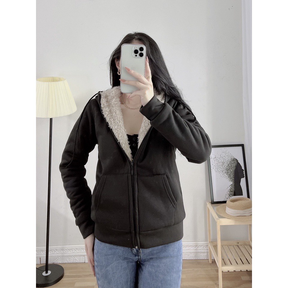 Áo khoác nỉ nữ lót lông, Áo hoodie kéo khóa nữ ấm áp trẻ trung Mamen Shop | BigBuy360 - bigbuy360.vn