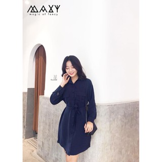 ĐẦM - NAVY SILK - Đầm sơmi 2 túi, dây cột eo rời