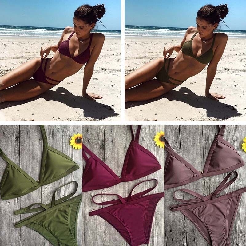 Bikini có đệm nâng ngực thiết kế phối dây chất liệu sợi polyamide màu đỏ rượu | WebRaoVat - webraovat.net.vn