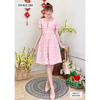 Đầm Dự Tiệc NHẬT VY Chít Eo Hoa Mai Lưới Ngực Màu Hồng, Đỏ, Vàng - D1852