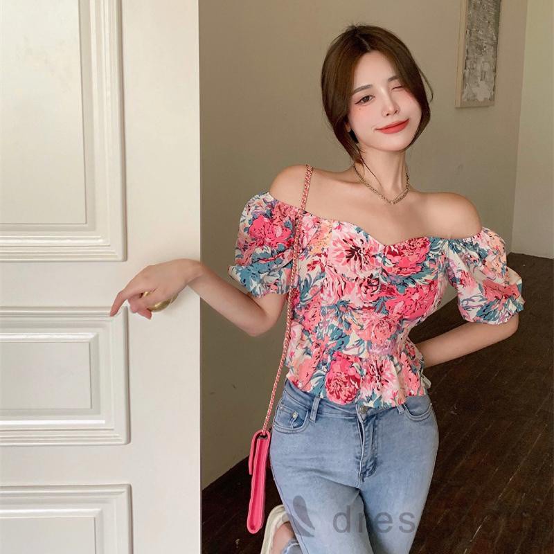 Áo kiểu tay phồng cổ vuông hở lưng in họa tiết hoa thời trang dành cho nữ