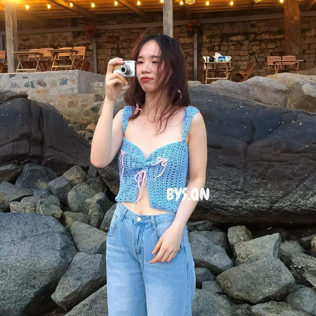 Áo đan len tôn dáng đính nơ siêu thơ  "lolipop crochet"
