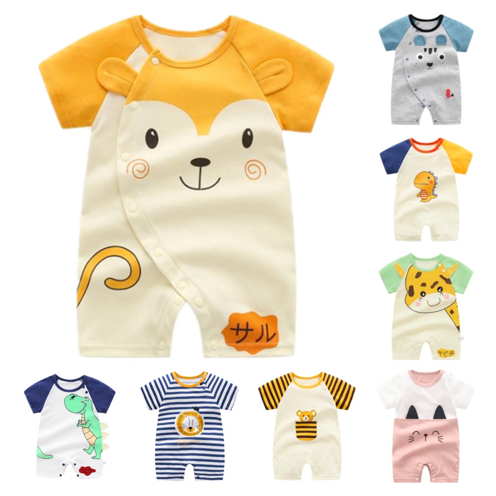 Áo liền quần LUCKYCANDY bằng cotton tay ngắn họa tiết hoạt hình phong cách dễ thương cho trẻ sơ sinh