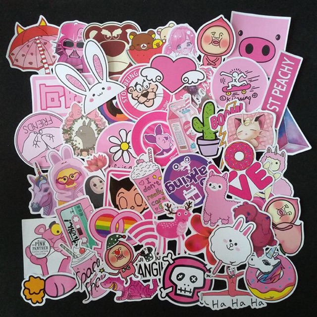 Sét 30-50 Sticker màu Hồng ép lụa -hình dán pink có đề can bóc dán