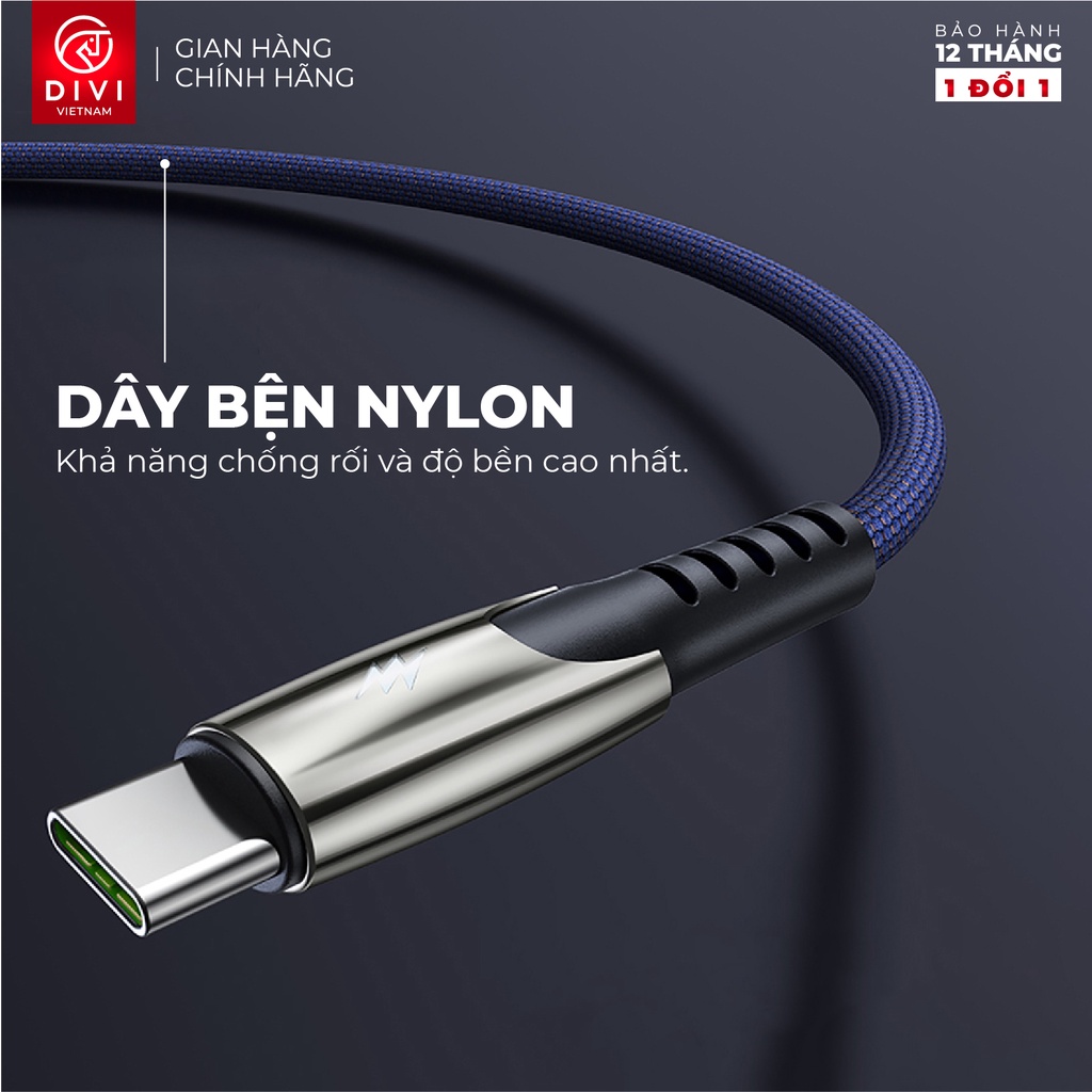 Dây cáp sạc nhanh 5A Type C - DIVI P448 - Vỏ bện nylon - Hàng phân phối chính hãng - Bảo hành 12 tháng