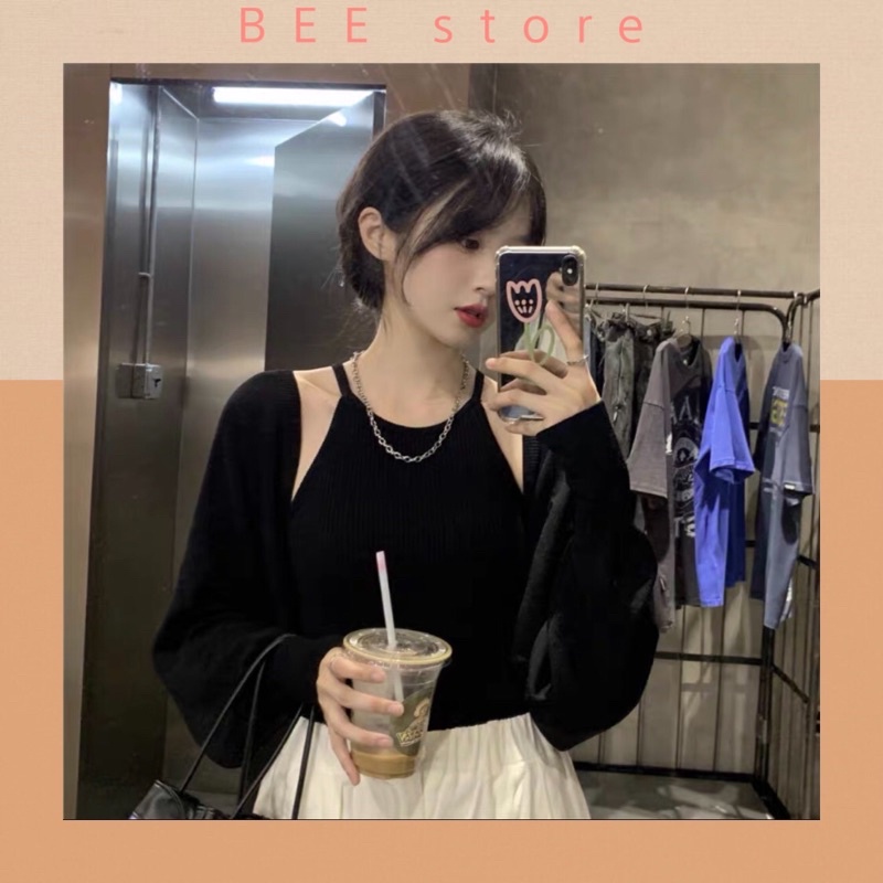 Set áo yếm và khoác croptop tay bồng siêu xinh kèm hìnb thật