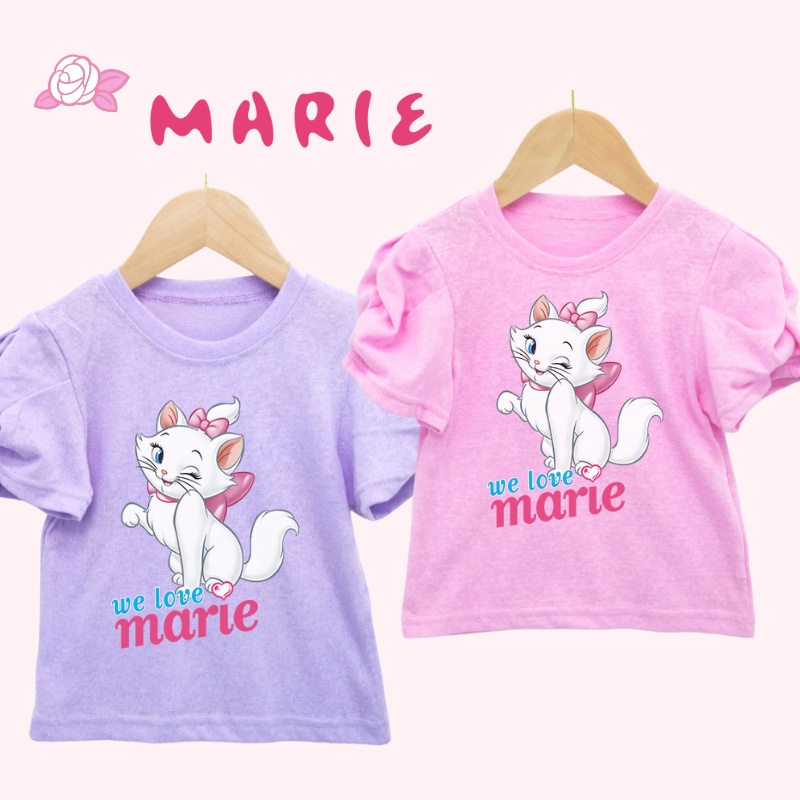 Áo Thun Tay Phồng Mềm Mại In Họa Tiết Mèo Marie Màu Kẹo Cho Bé Gái