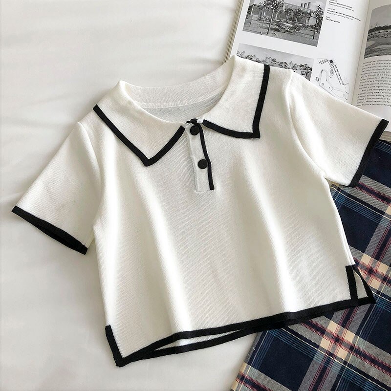 Lapel Knitted Women's T-shirt Korean Version Slim Fashion Short-sleeved Top | BigBuy360 - bigbuy360.vn