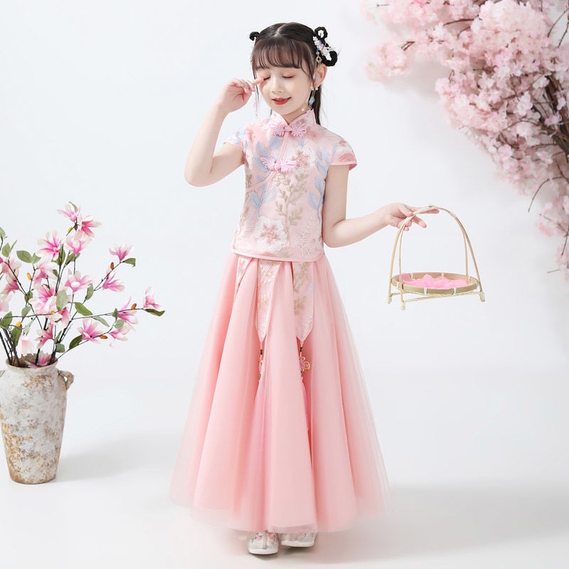 Bộ Đầm Sườn Xám Tay Ngắn Phong Cách Trung Hoa Thời Trang Mùa Hè Xinh Xắn Cho Bé Gái