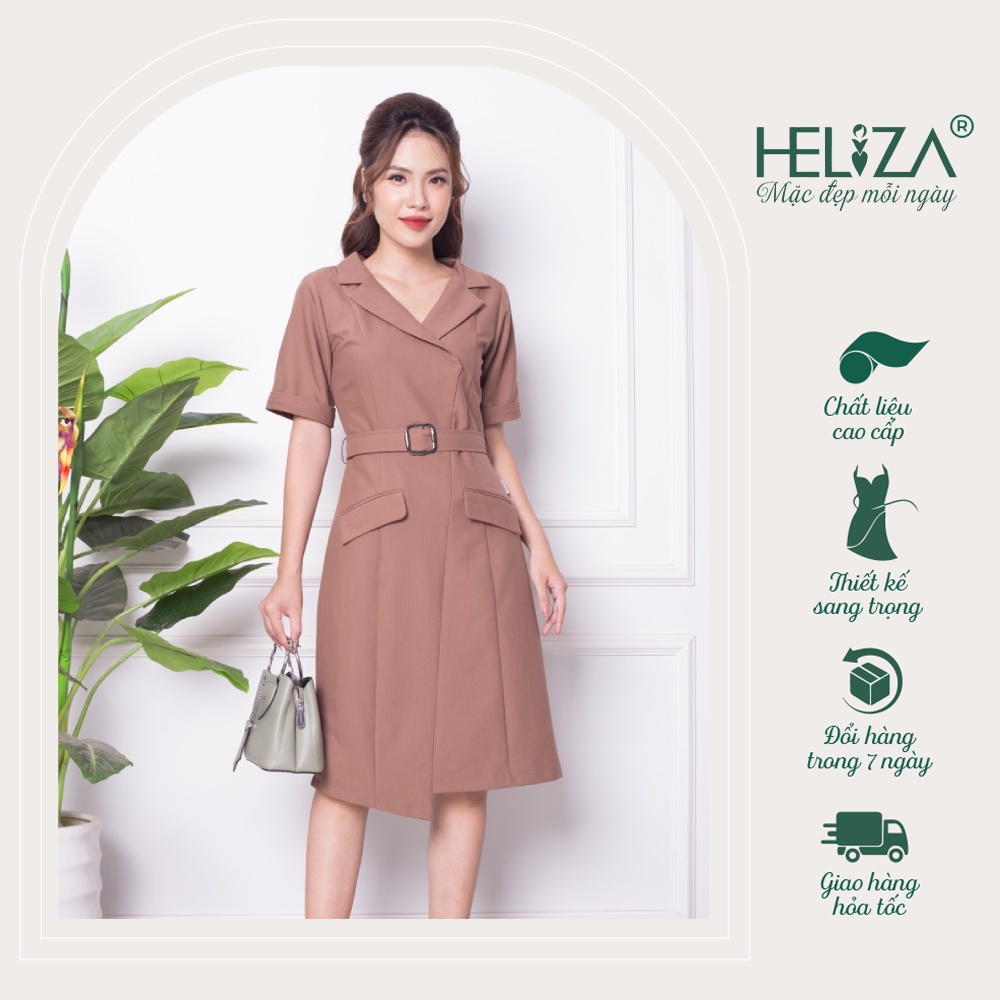 Đầm Váy Nữ Cổ Vest Dáng Chữ A Vạt Lệch Kèm Đai Sang Trọng Hàng Thiết Kế Heliza Fashion Vải Hàn Cao Cấp Co Dãn Nhẹ D5833