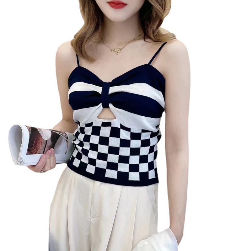 Áo Croptop Hai Dây Dệt Kim Cổ Chữ V Thắt Nút Trước Họa Tiết Kẻ Sọc Thời Trang Mùa Hè Quyến Rũ Cho Nữ