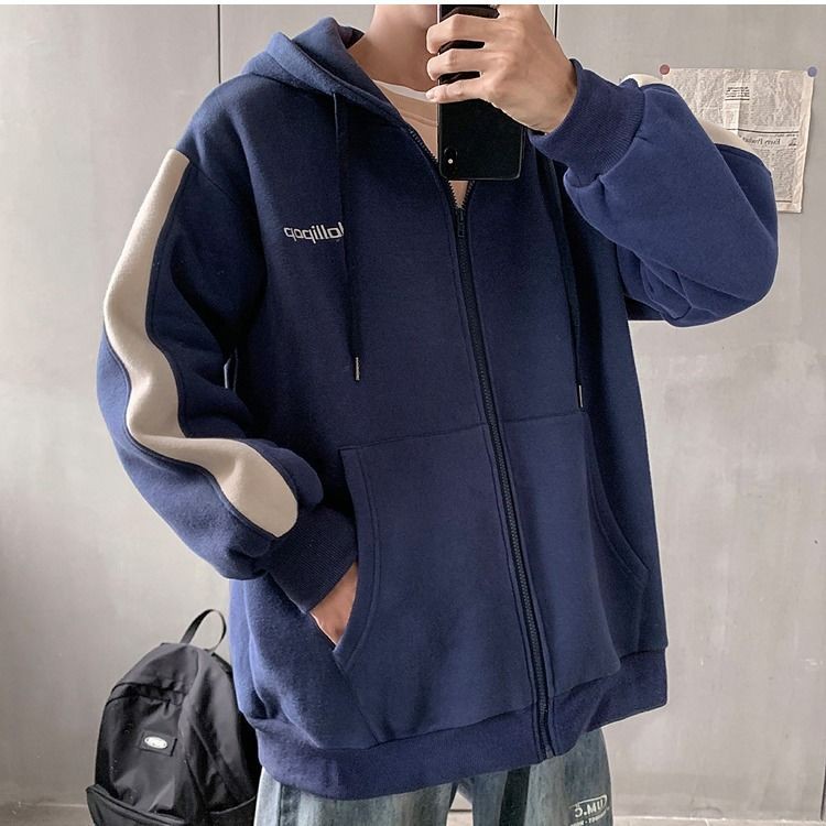 ins Season Áo len có mũ trùm đầu Hàn Quốc Nam Loose Plus Fleece Dây kéo khoác