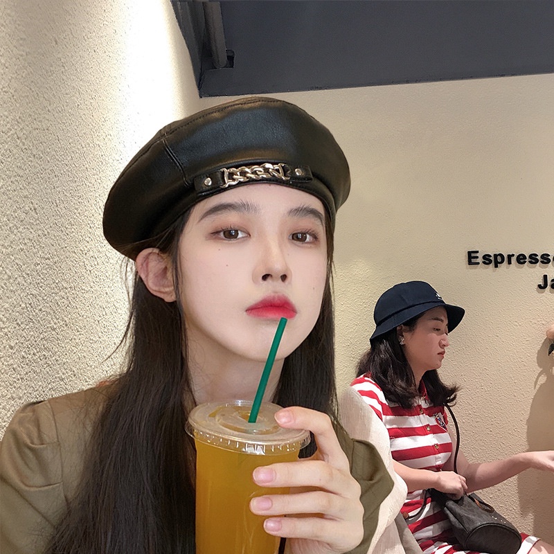 Mũ beret màu trơn phối dây xích kim loại phong cách vintage thanh lịch cho nữ