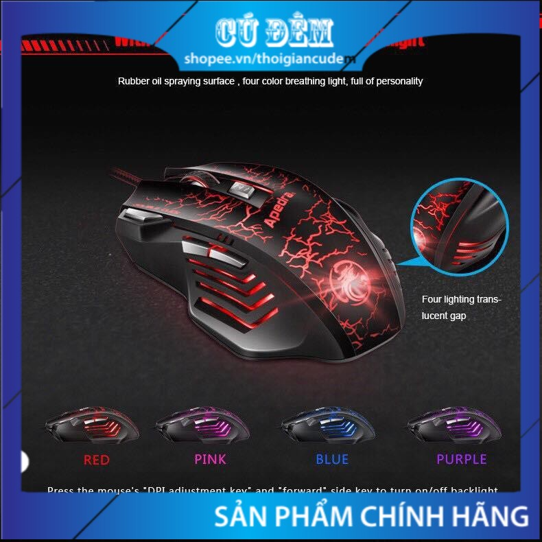 Chuột chơi game APEDRA A7 - LED 7 màu, dây dù dài 1.7m, gồm 7 nút, DPI lên đến 3200, độ bên 10 triệu click, BH 12 tháng