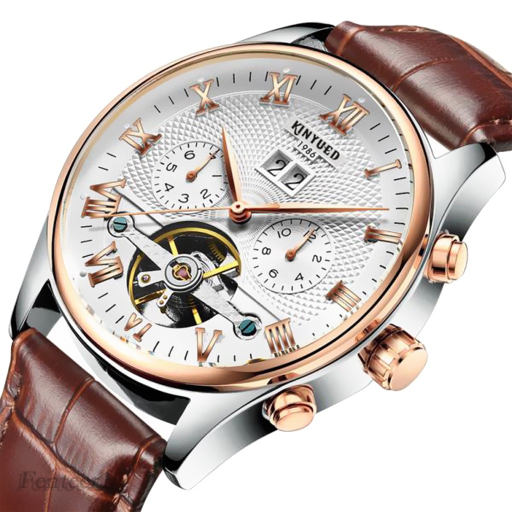 [FENTEER1] Chic Mechanical Automatic Men Wrist Watch Kinyued Skeleton Classic Leather Steel