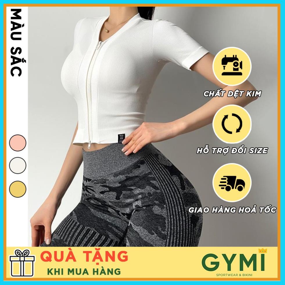 Áo tập gym yoga nữ GYMI AC21 dáng áo cộc ngắn tay chất thun gân có khoá kéo tập thể thao !