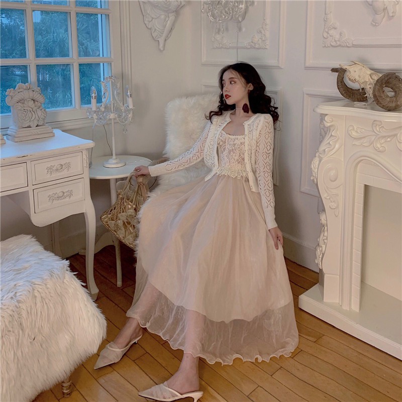 (s100) set váy ulzzang áo hai dây váy công chúa áo khoác len | BigBuy360 - bigbuy360.vn