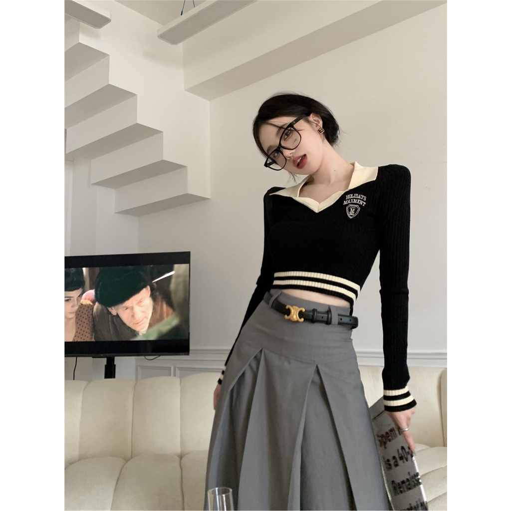 Áo Dệt Kim Dáng Ôm Ngắn Kẻ Sọc Màu Sắc Phong Cách Hàn Quốc Dễ Phối Đồ