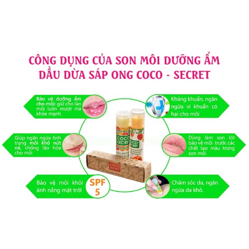 Son dưỡng môi 100% thiên nhiên coco-secret - son dưỡng môi dầu dừa sáp ong