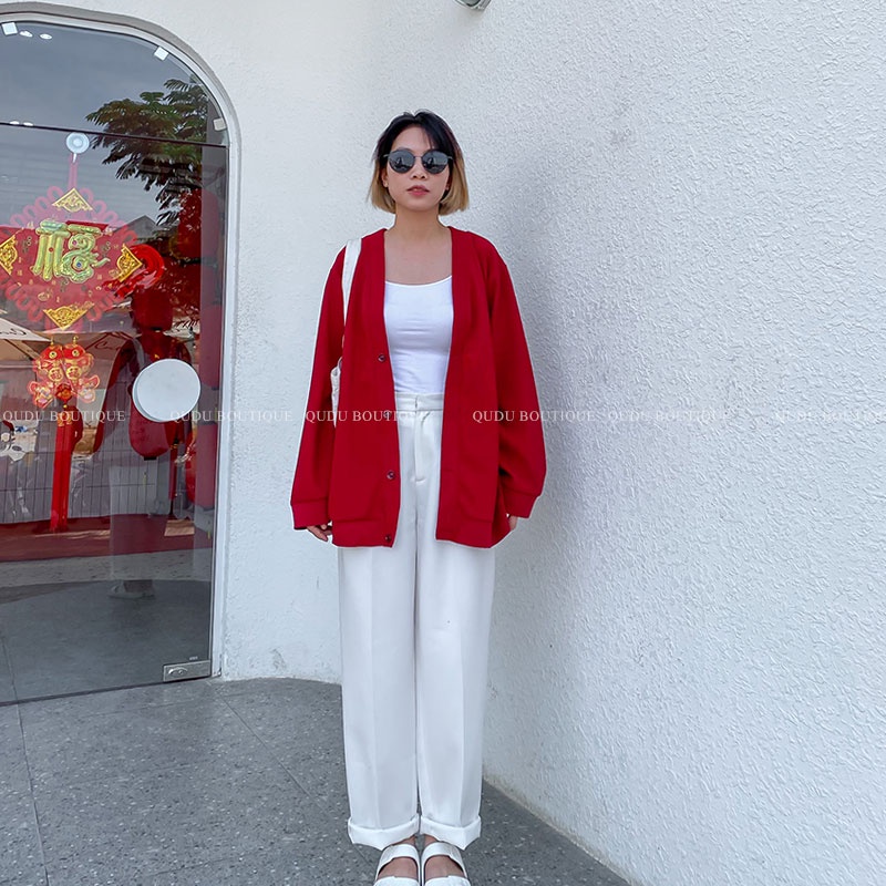 Áo Khoác Nữ Áo Cardigan QUDU Tay Dài Form Rộng Màu Đỏ Đô, Vàng Phong Cách Hàn Quốc Đơn Giản Dễ Phối