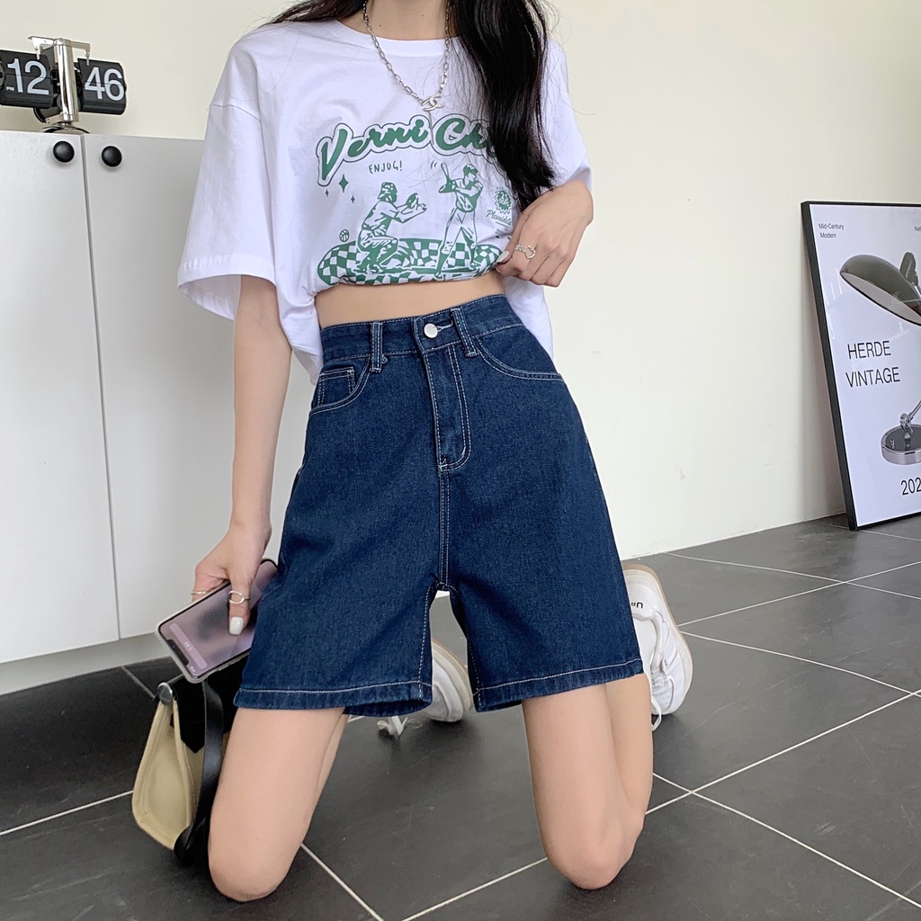 Quần lửng ngố jean nữ lưng cao ống rộng, túi sâu phong cách Ullzang có Bigsize