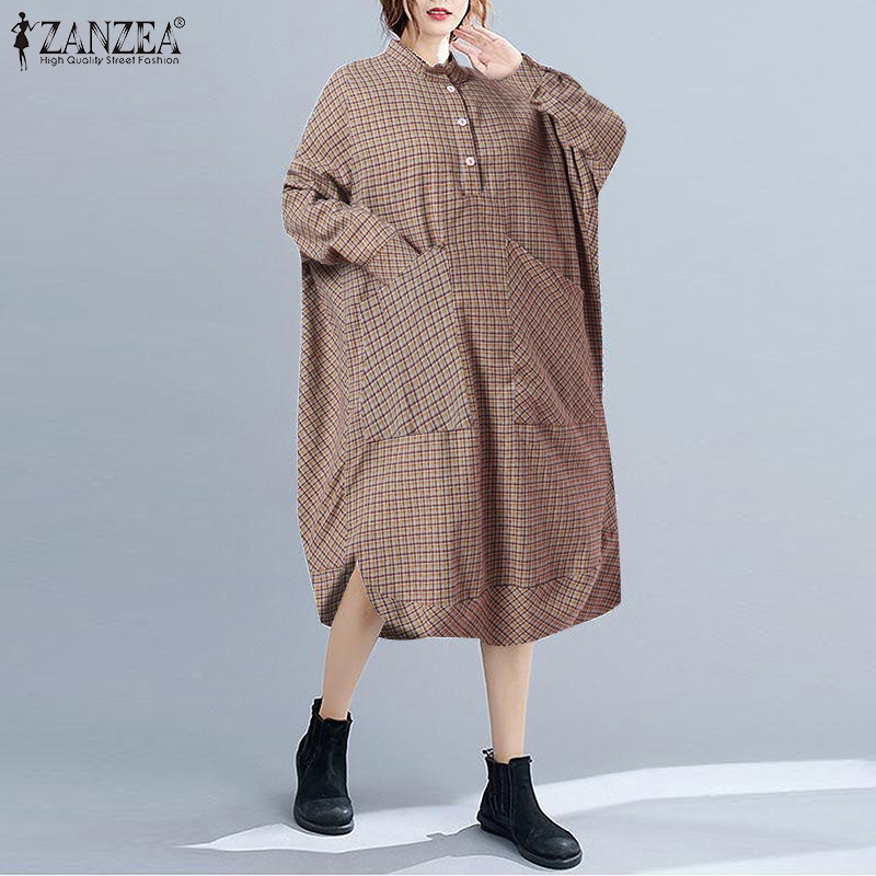 Đầm midi ZANZEA dáng rộng tay dài họa tiết kẻ sọc caro phong cách retro cho nữ