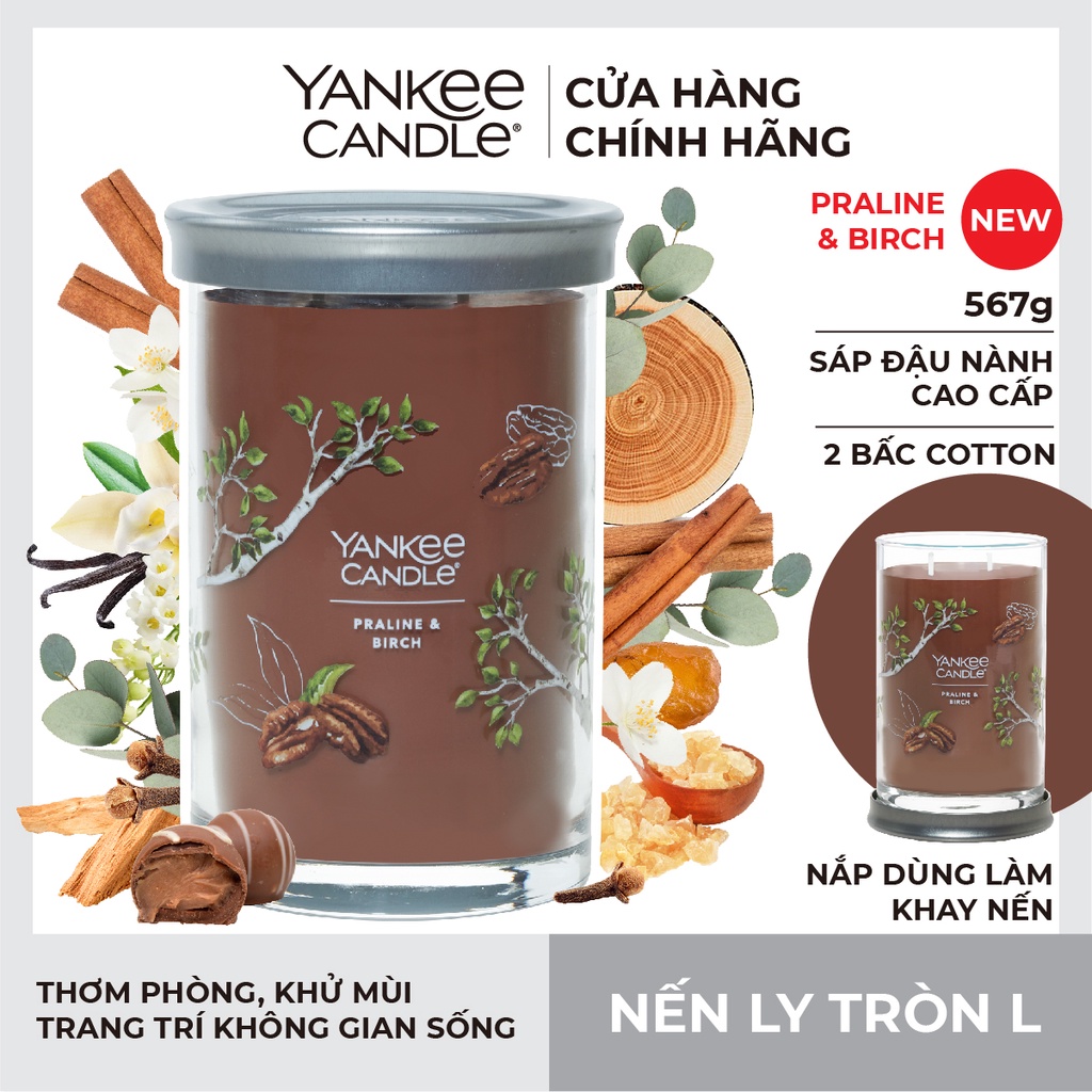 Nến ly tròn sáp đậu nành Yankee Candle size L (567g) - Praline &amp; Birch