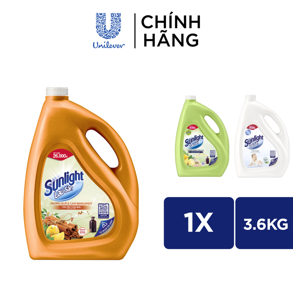 Nước lau sàn Cao Cấp Sunlight Tinh dầu Thảo mộc Ngăn côn trùng Chanh & Sả | Quế & Cam | Tre & Lô hội - Chai 3.6 KG