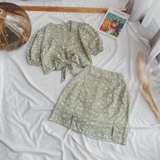 (Hình thật)SET CROP CARO XANH HOA CÚC NƠ NGỰC+ CHÂN VÁY