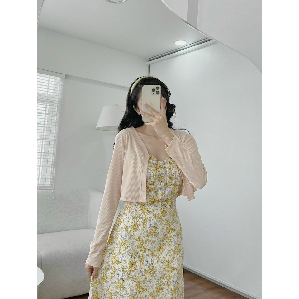 Set Đầm 2S 💖DEMISS💖 Set Đầm 2D Hoa Viền Bèo Kèm Khoác Crop Dễ Thương - SET-HOA-VÀNG-46