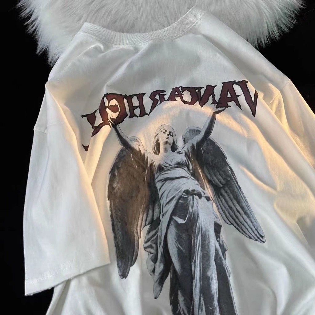 Áo thun MMIOT tay ngắn cổ tròn in họa tiết thiên thần phong cách cổ điển Mỹ thời trang mùa hè 2023 cho nữ