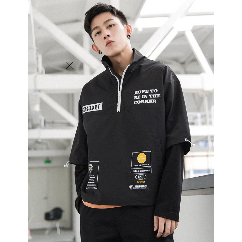 Áo Hoodies Chui Đầu Nam Nữ Tay Dài Giả Hai Lớp Phối Khóa Cổ ERDU Phong Cách Thời Trang Zenkonam MEN TOP 094