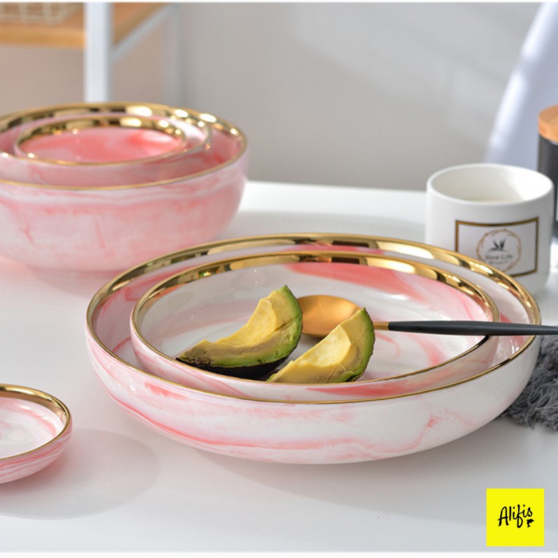 Bát đĩa, bát đĩa sứ vân hồng viền vàng sang trọng - phụ kiện bàn ăn sang trọng