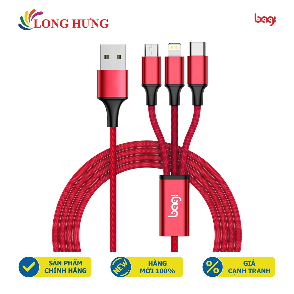 Cáp 3 trong 1 Micro USB - Lightning - USB Type-C Bagi 1.2m CB-AS12 - Hàng chính hãng