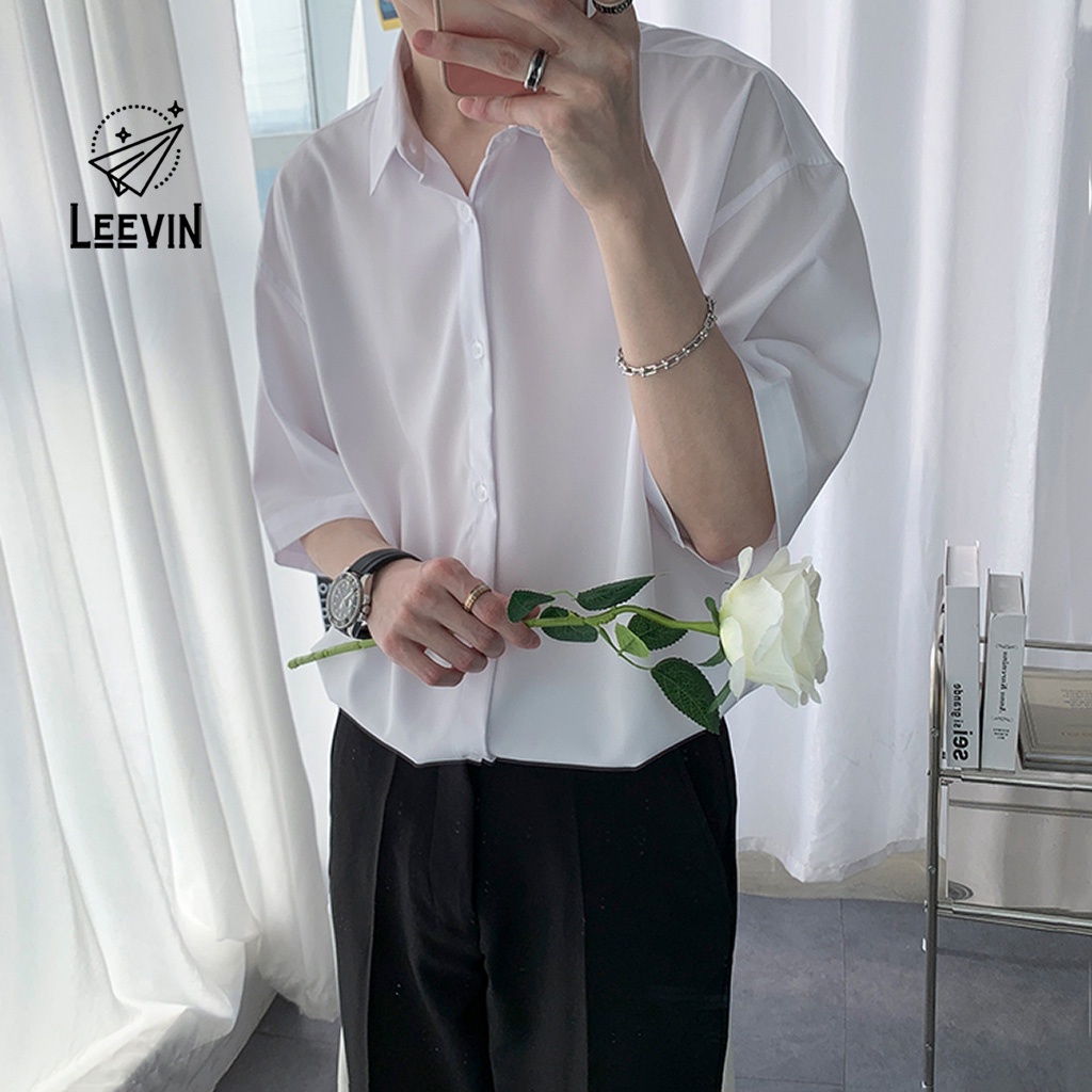 Áo Sơ Mi Ngắn Tay Nam Nữ Unisex Basic TRƠN Vải Cotton Lụa Trắng Và Đen - Kiểu sơ mi tay cộc tay nam Leevin Store